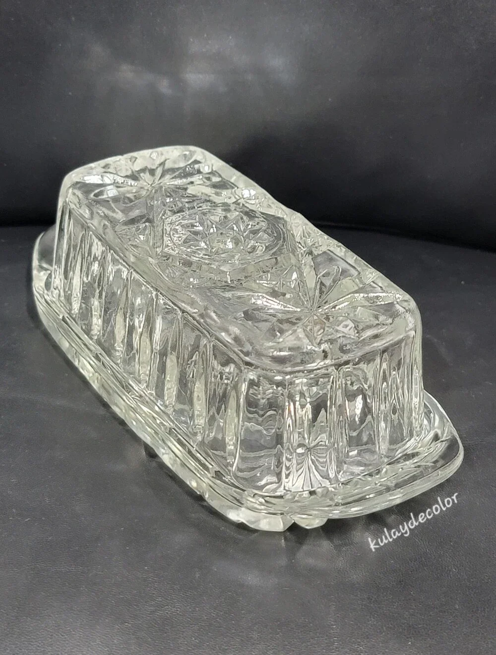 Vintage Anchor Hocking Pressed Glass Covered Butter Dish Star of David Pattern